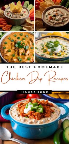 the best homemade chicken dip recipe is in this collage with pictures of different dishes