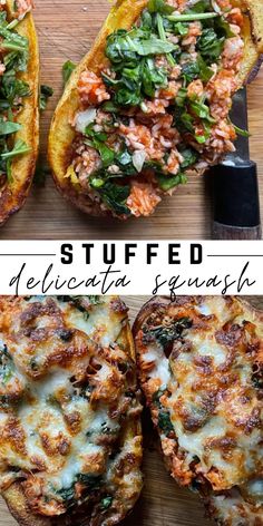 two different views of stuffed delicatto squash with cheese and spinach on top