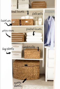 an organized closet with baskets, linens and other items labeled on the bottom shelf