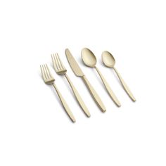 four forks and two spoons on a white surface