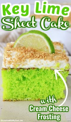 key lime sheet cake with cream cheese frosting and crumbs on the top