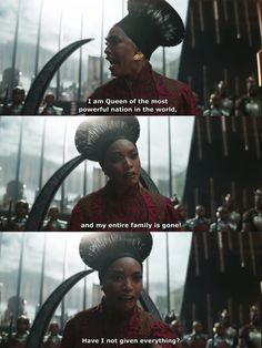 an image of the same scene from black panther with caption that reads, i am queen of the west powerful nation in the world and my entire family is gone