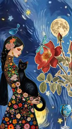 a painting of a woman holding a black cat in front of a night sky with flowers and butterflies