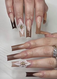 Baddie Nail Art Brown, Brown Sets Nails, Short Fall Set Nails, Long Nail Designs Fall, Nude Brown Nail Designs, Light Brown Nails Acrylic, Coffin Fall Nails Designs, Classy Fall Nails Acrylic, Brown Nails Long