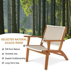 a wooden chair sitting in the middle of a forest with text describing how to select natural acacia wood