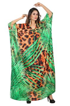 "Cheetah Printed Long Silk Kaftan, Animal Printed Kaftan Leafy Kaftan Collection in New Jersey Full-length Kaftan Dress beautiful kaftan Print Maxi Brown color Print silk kaftan dress Best Online Store for Printed Kaftans, Buy Printed Kaftan Online, Forest Print Design Kaftans. Long Printed Kaftan For Ladies. , Forest wear Kaftan Dress, Forest Print gown. ONE SIZE FIT ALL Fabric :- 100% Silk Loose fit kaftan one size to all Regular kaftan length is 60\" ( 153 cm ). (shorter kaftan length is poss Kaftan Designer Dresses, Silk Kaftan Dress, Dress With Kimono, Silk Caftan, Kaftan Gown, Tiger Skin, Resort Wear For Women, Kaftan Maxi Dress, Long Kaftan