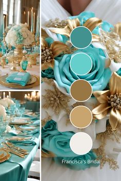 the table is set with blue and gold flowers