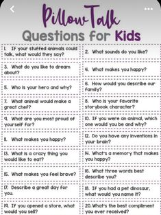 Pillow Talk Questions, Uppfostra Barn, What To Talk About, Questions For Kids, Kids Questions, Positive Affirmations For Kids, Parenting Knowledge, Smart Tiles, Kids Bedtime