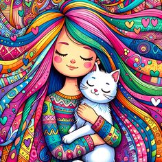 a girl with long hair holding a white cat in her arms and colorful swirls on the background