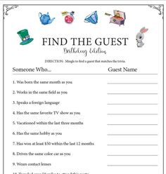 printable worksheet for children's birthday party with the words find the guest