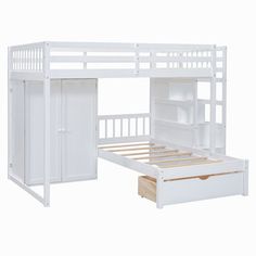 a white bunk bed with drawers underneath it