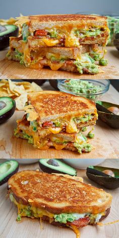 the sandwich is cut in half and has avocado slices on it, along with other ingredients