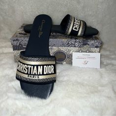 Christian Dior Slides, Navy Blue And White, Size 42 In Great Condition Dior Dway Slides Outfit, Dior Dway Slides, Dway Slides, Christian Dior Slides, Dior Flats, Dior Slides, Slides Outfit, Dior Sandals, Dior Book Tote