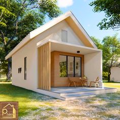 a small house with an attached porch and covered front door, sitting in the grass