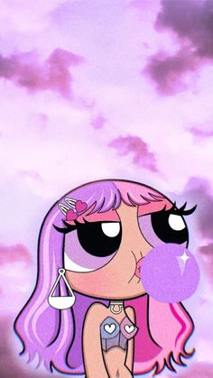 a cartoon girl with pink hair holding a purple lollipop in front of her face