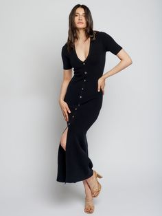 Shop this chic short sleeve, button down midi dress with a deep V-neck and figure hugging fit. Fitted V-neck Midi Dress With Button Cuffs, Winter V-neck Midi Dress With Button Closure, Fall V-neck Midi Dress With Button Closure, Button Down Midi Dress, Resort Accessories, Knit Midi, Button Down Dress, Knit Midi Dress, Party Girls