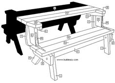 a drawing of a wooden bench with the seat up and legs down, labeled in black