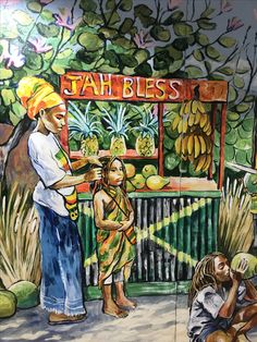 a painting of a man and two children in front of a fruit stand with bananas