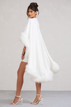 Of The Manor White Gathered Mini Dress With Feather Cape – Club L London - USA Fluffy Mini Dress, Faux Feathers, Feather Cape, White Stilettos, Black Dress Prom, White Bodycon, Black Tie Gala, White Bodycon Dress, Party Dress Long Sleeve