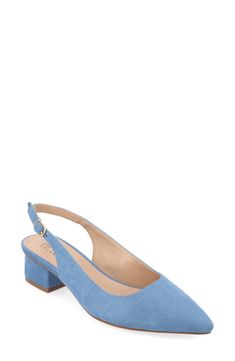 Show off sophisticated style in this pointed-toe pump secured by a slingback strap and lifted by a wrapped block heel. 1 1/2" heel Synthetic upper, lining and sole Imported Blue Pointed Toe Slingback Pumps For Work, Blue Slingback Pumps For Work, Blue Slingback Pumps For Spring Workwear, Chic Blue Slingback Pumps With Block Heel, Chic Blue Block Heel Slingback Pumps, Blue Slingback Pumps With Block Heel, Blue Block Heel Slingback Pumps, Blue Slingback Heels With Sculpted Heel, Blue Slingback Pumps With Sculpted Heel