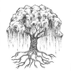 a drawing of a tree with its roots exposed and water dripping from the top to the bottom