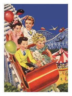 children riding on a roller coaster at an amusement park with balloons and carnival rides in the background