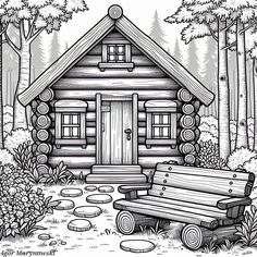 a drawing of a log cabin in the woods with a bench and tree stumps