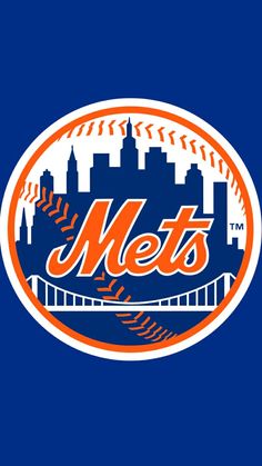 the new york mets logo is shown in an orange and white circle on a blue background