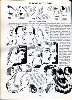 an old book with drawings of different women's faces and haircuts on it