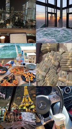 a collage of photos with food, drinks and other things in it including water