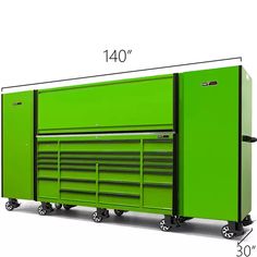 a green tool cabinet with wheels and drawers