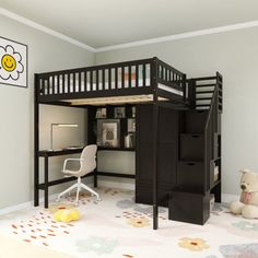 a loft bed with desk underneath it in a child's bedroom