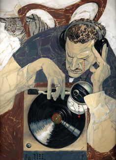 a painting of a man with headphones on holding a record and looking at a cat