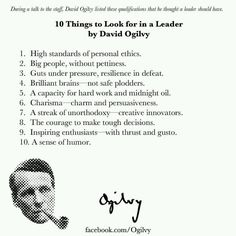 a poster with the words 10 things to look for in a leader by david ogglyy