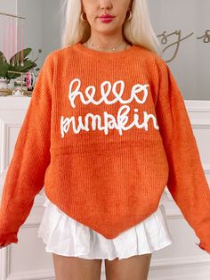 Hello Pumpkin Orange Sweater | Sassy Shortcake | sassyshortcake.com Casual Halloween Knit Sweater, Orange Knitted Top For Fall, Cute Ribbed Tops For Fall, Cozy Orange Crew Neck Top, Casual Burnt Orange Sweater For Fall, Cute Knit Tops For Fall, Casual Orange Ribbed Sweater, Fall Cotton Orange Sweater, Cozy Orange Knit Top