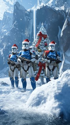 three storm troopers are standing in the snow with christmas decorations on their heads and arms