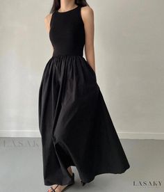 Lasaky - Knee-length Backless Dress with Waist Cinching Inner Lining Solid Full Length Spring Dresses, Solid Full-length Spring Dresses, Black Full-length Maxi Dress For Spring, Solid Maxi Dress, Loose Midi Dress, A Line Maxi Dress, Sleeveless Long Dress, Classy Fashion, Camisole Dress