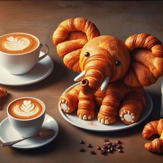 an elephant made out of croissants and coffee