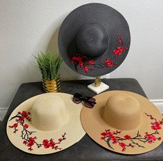 Our Cherry Blossom Beach Hat, a charming and stylish accessory that brings a touch of elegance to your beachwear or outdoor outings. This hat features delicate flower embroidery inspired by the beautiful cherry blossom blooms. Summer Embroidered Short Brim Hat, Summer Brimmed Hats With Embroidery, Embroidered Summer Hat With Short Brim, Summer Embroidered Wide Brim Hat, Summer Wide Brim Embroidered Hats, Embroidered Wide Brim Summer Hat, Embroidered Straw Hat For Beach With Short Brim, Summer Embroidered Brimmed Straw Hat, Embroidered Short Brim Straw Hat For Summer