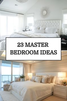 23 Master bedroom ideas with images of two beautifully styled bedrooms featuring neutral tones and plush bedding. Primary Bedroom Ideas Transitional, Modern Queen Bedroom Ideas, Room Remodeling Bedroom Master Suite, Southern Living Bedroom Master Suite, Bedroom Suite Ideas Master, Calming Master Bedrooms Decor, Large Primary Bedroom Ideas, Owners Suite Master Bedrooms