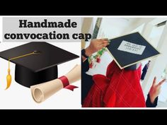 a graduation cap and diploma being held up by someone in a red gown with the words handmade convocation cap written on it