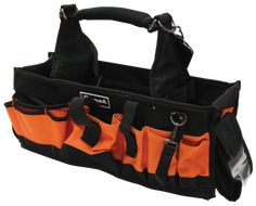 an orange and black tool bag with multiple pockets on the bottom, two straps hanging down