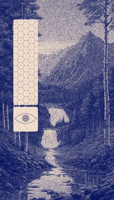 an eye - shaped object in the middle of a forest with trees and mountains behind it