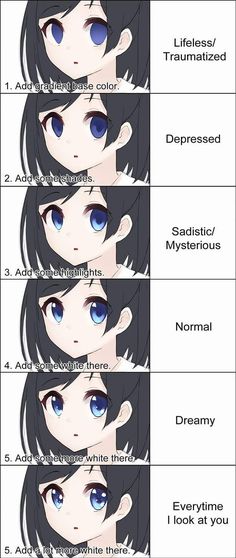 four different types of anime eyes with the names in each section and their corresponding colors