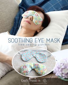 a woman laying on top of a couch with eye mask in front of her face