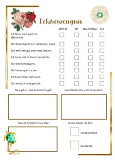 a printable wedding checklist with roses and gold trimmings on the top