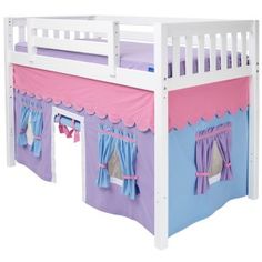 a white bunk bed with pink and blue curtains on the top, underneath it's canopy