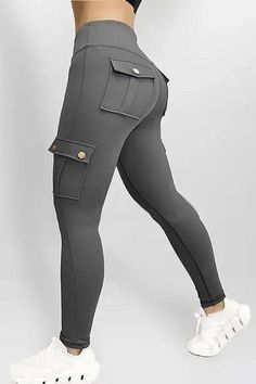 Pocket Design Butt Lifting Active Pants Track Workout, Estilo Chic, Women Cargos, Stretch Leggings, Active Leggings, Cargo Pants Women, Pantalon Cargo, High Rise Leggings, Outfit Casual