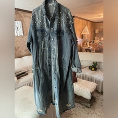 Never Worn. Distressed Long Denim Duster Or Jacket With Studs And Pearls! Very Pretty And Grungy Look. Monkey Jacket, Denim Duster, Duster Jacket, Flying Monkey, Long Coat, Jean Coat, Jean Jacket, Jackets & Coats, Jackets For Women