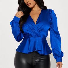 Nwt/Never Worn Satin Top In Royal Blue. Blue V-neck Blouse For Fall, Blue V-neck Top For Night Out, Chic Blue V-neck Blouse, Chic Blue Evening Top, Blue V-neck Blouse For Evening, Blue V-neck Blouse For Party, Blue V-neck Top For Party, Blue V-neck Tops For Party, Chic Blue Blouse For Date Night